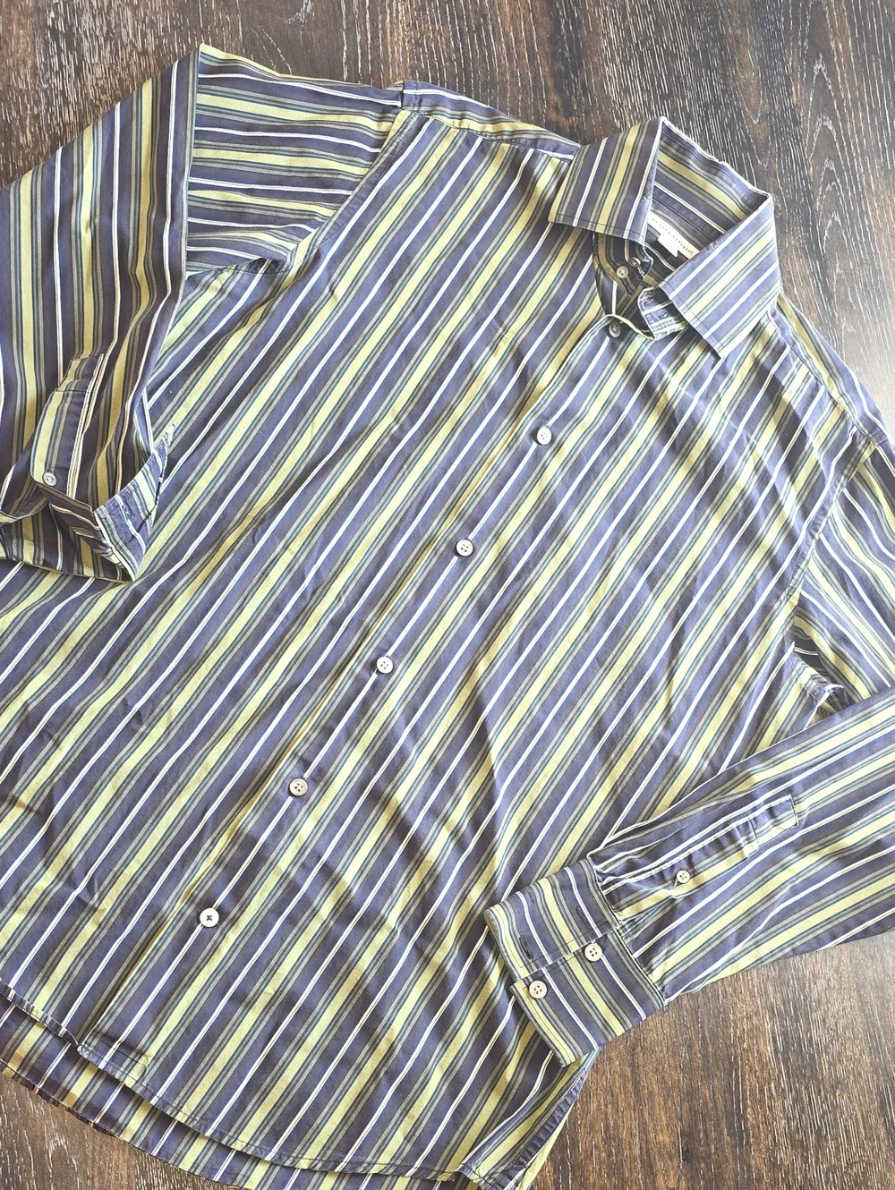 Banana Republic Men's Blue and Yellow Striped Button-Down Shirt